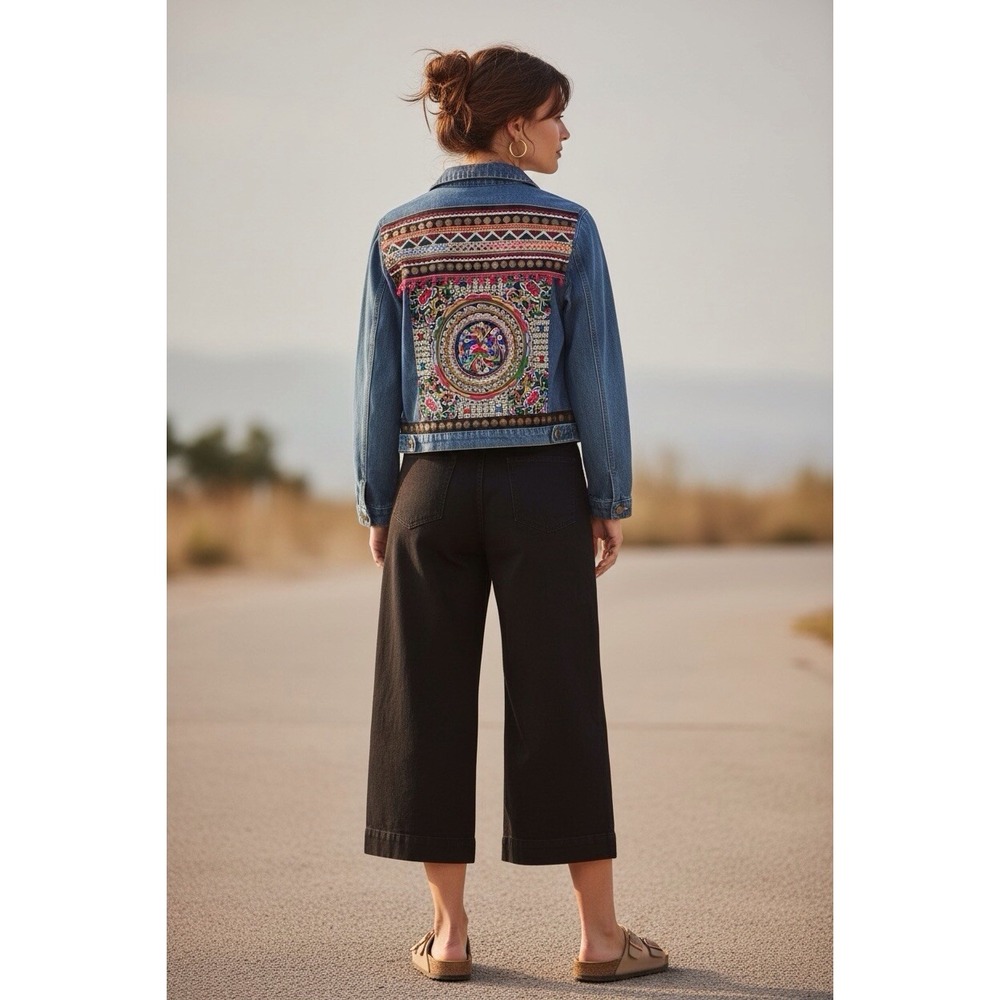 Bohemian Festival Embroidered Denim Oversized‎ Jacket -Coat Sz S - Picture 2 of 7